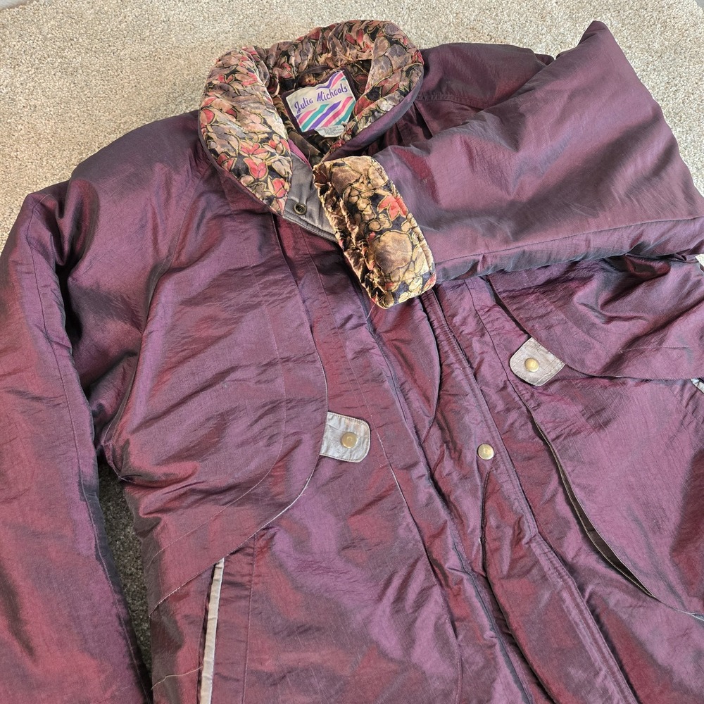 Julia Michaels Rare Vintage Womens Coat Plum Size L Vlevet Floral Poly Blend